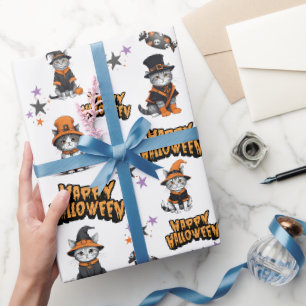 Papel De Presente Gatos de bruxas brancas e festivas no disfarce do