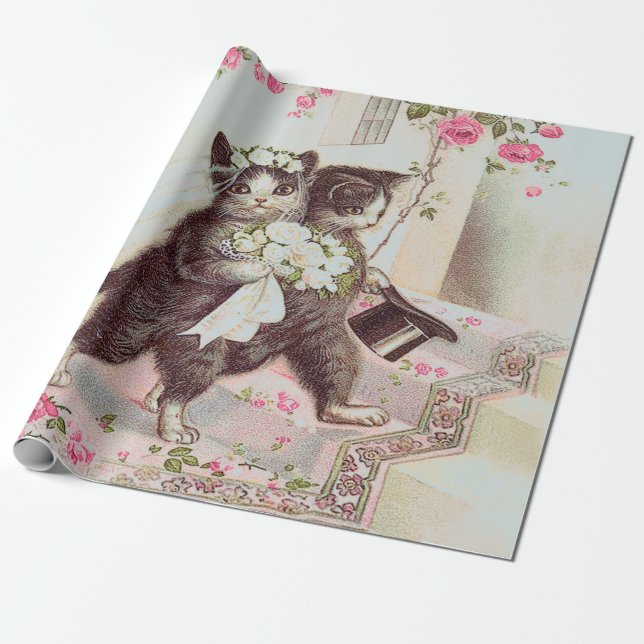 Papel De Presente Gatos de Casamento Azul Claro (Desenrolado)