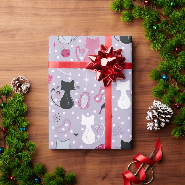 Papel De Presente Gatos De Coração Púrpura Do meio século (Presente de Natal)