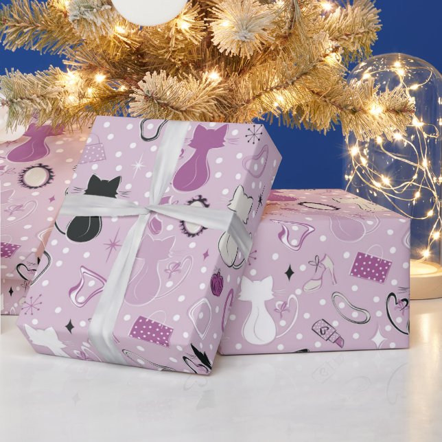 Papel De Presente Gatos De Coração Púrpura Do meio século (Feriados)