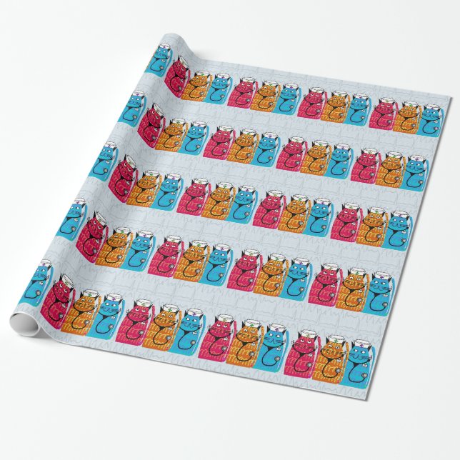 Papel De Presente Gatos De Enfermeira Com Presente Azul (Desenrolado)