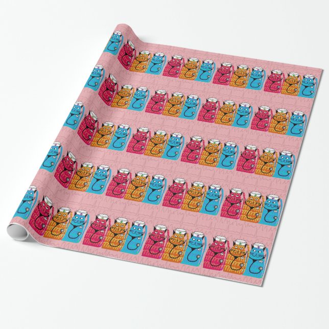 Papel De Presente Gatos De Enfermeiro Quebra-Quebra Rosa (Desenrolado)