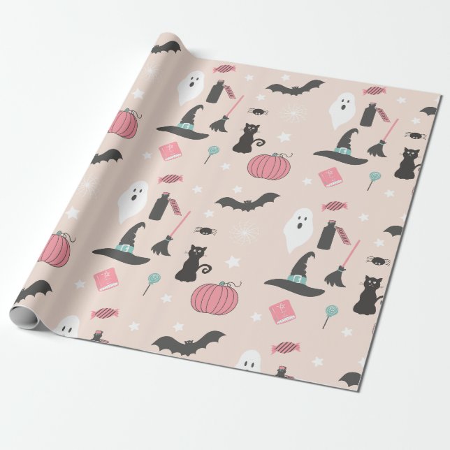 Papel De Presente Gatos de Halloween, Pumpkins e Morcegos (Desenrolado)