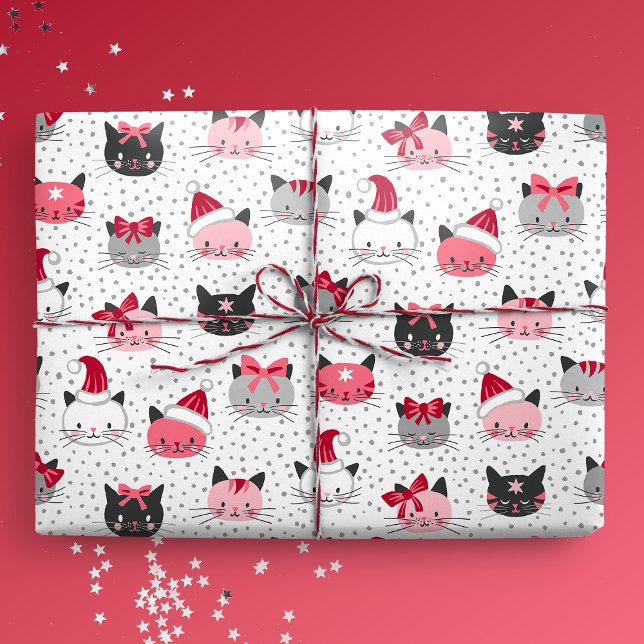 Papel De Presente Gatos De Natal Com Chapéus De Papai Noel (Christmas Cats With Santa Hats Gift Mockup)