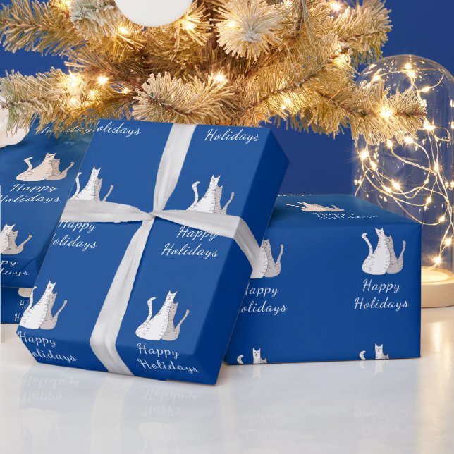 Papel De Presente Gatos de Natal Desenhando Feriados Felizes Azul (Feriados)