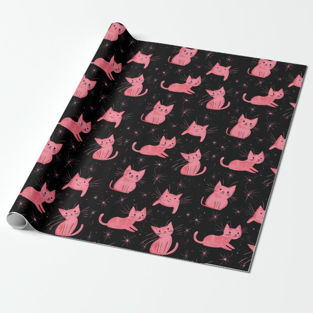 Papel De Presente Gatos de Natal Rosa em Preto (Desenrolado)