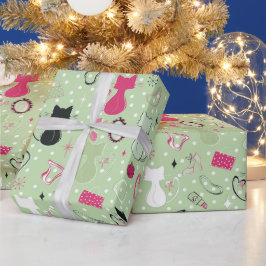 Papel De Presente Gatos do Coração Verde do meio século