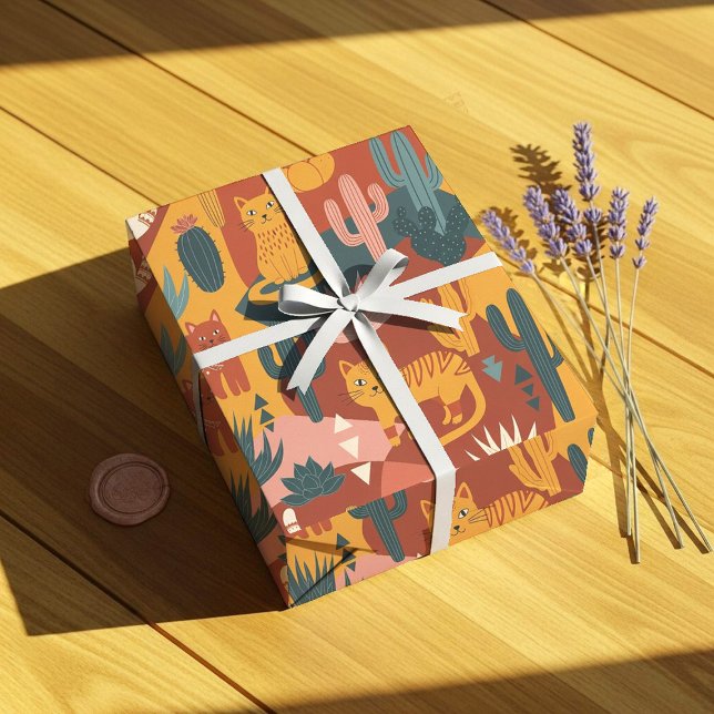 Papel De Presente Gatos do Deserto Boho Fofo Padrão de Cactus Sucule (Criador carregado)