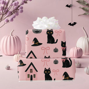 Papel De Presente Gatos e Chapéus De Bruxas Rosa E Bonitos
