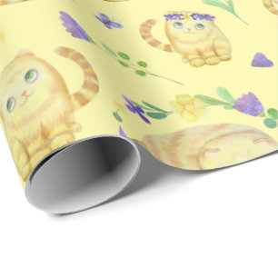 Papel De Presente Gatos e flores de aquarela, cor de água cúbica, pa