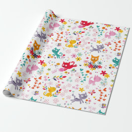 Papel De Presente Gatos e Flores de Corte