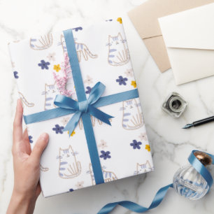 Papel De Presente Gatos e flores em branco