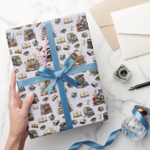 Papel De Presente Gatos e Livros em Roxo Claro
