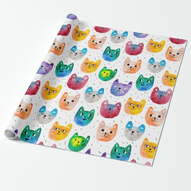 Papel De Presente Gatos em aquarela e amigos (Desenrolado)