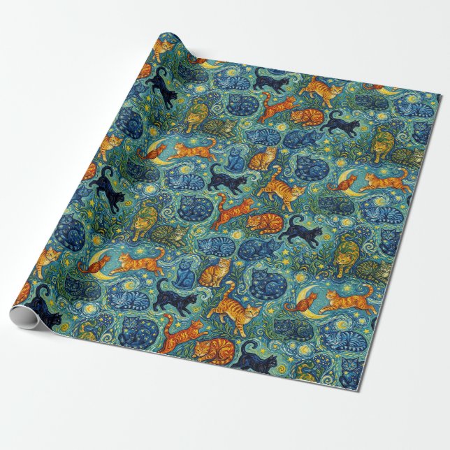 Papel De Presente Gatos em estilo pós-impressionista (Desenrolado)