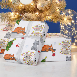Papel De Presente Gatos engraçados de Natal Emaranhados em Luzes Env