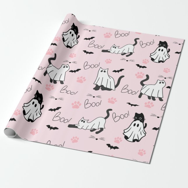 Papel De Presente Gatos Fantasmas Fofos Halloween (Desenrolado)