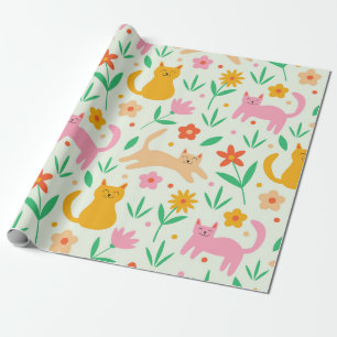 Papel De Presente Gatos Felizes Retroativos com flores de vermelho a