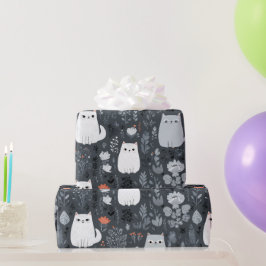 Papel De Presente Gatos Fofos Padrão Floral Botânico Cinza Branco