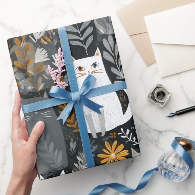 Papel De Presente Gatos Fofos Padrão Floral Botânico Cinza Branco (Presentear)