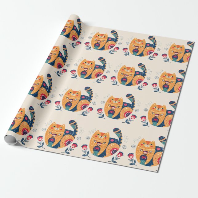 Papel De Presente Gatos Folclóricos Laranja (Desenrolado)