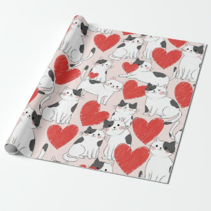 Papel De Presente Gatos Kawaii Cor-de-Rosa Doce e Padrão de Corações