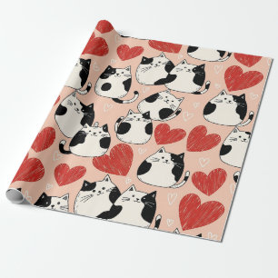 Papel De Presente Gatos Kawaii Cor-de-Rosa Doce e Padrão de Corações