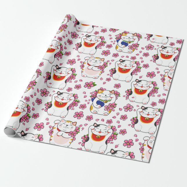 Papel De Presente Gatos Maneki-neko Chineses (Desenrolado)