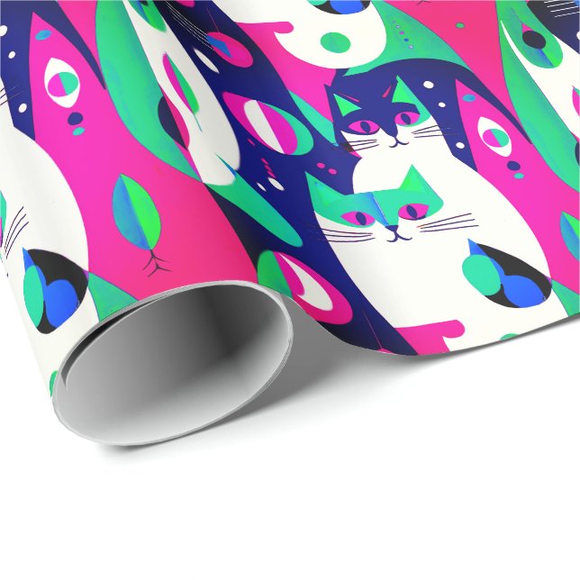 Papel De Presente Gatos Modernos do Século médio num Fundo Azul Escu (Ponta do rolo)