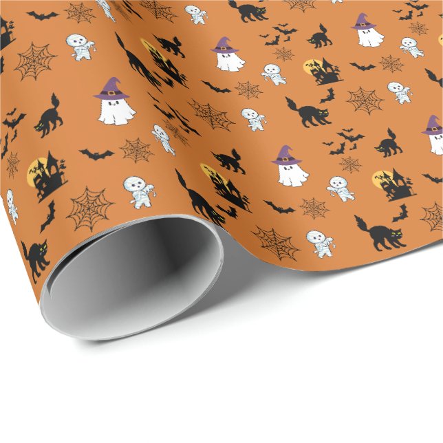 Papel De Presente Gatos Morcegos Fantasmas Fofos Halloween   (Ponta do rolo)