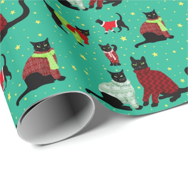 Papel De Presente Gatos Negros Bonitos em Suéteres de Natal (Ponta do rolo)