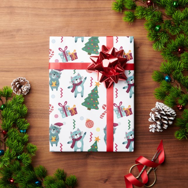 Papel De Presente Gatos no Natal Padrão Caprichoso (Presente de Natal)