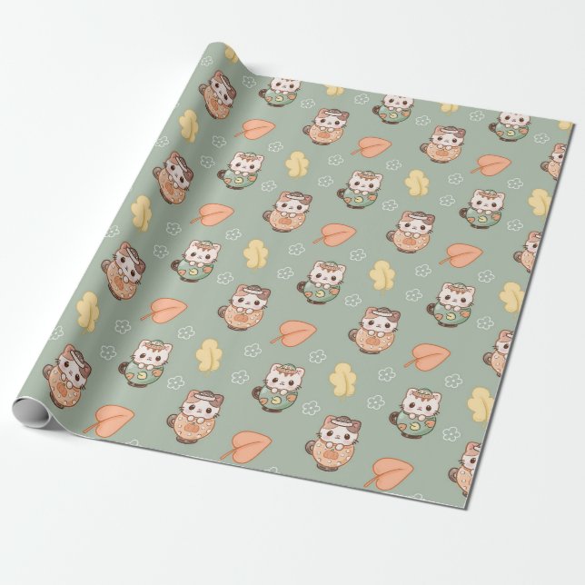 Papel De Presente Gatos Pastel de Outono em Padrão de Canecas (Desenrolado)
