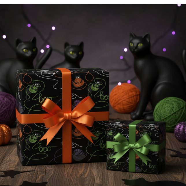 Papel De Presente Gatos Pretos Bo-Tangidos e Halloween de Fogueira (Cute Spooky Black Cats Tangled in Yarn Spelling Boo Black Halloween Kids Gift Wrap for Cat Lovers )