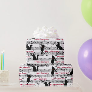 Papel De Presente Gatos Pretos de Aniversário em Partituras