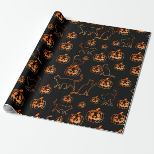 Papel De Presente Gatos pretos do Halloween e padrão Jack-o-Lantern