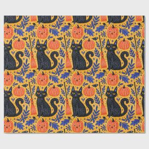 Papel De Presente Gatos Pretos do Halloween Padrão de Abóbora