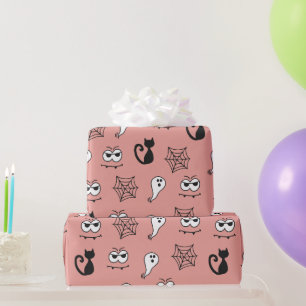 Papel De Presente Gatos Pretos Teias de Aranha e Fantasmas Rosa Hall