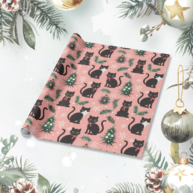 Papel De Presente Gatos Retro Bonitos no Natal Rosa (Cute Retro Cats on Pink Christmas Wrapping Paper roll)