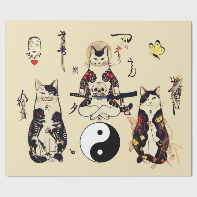 PAPEL DE PRESENTE GATOS SAMURAI NO CÉREBRO,ESQUELETO,TATUAGENS DE BO (Aberto)