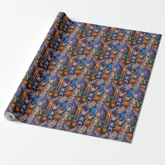 Papel De Presente Gatos Sphynx Pedindo Doces com Fantasias de Hallow (Desenrolado)
