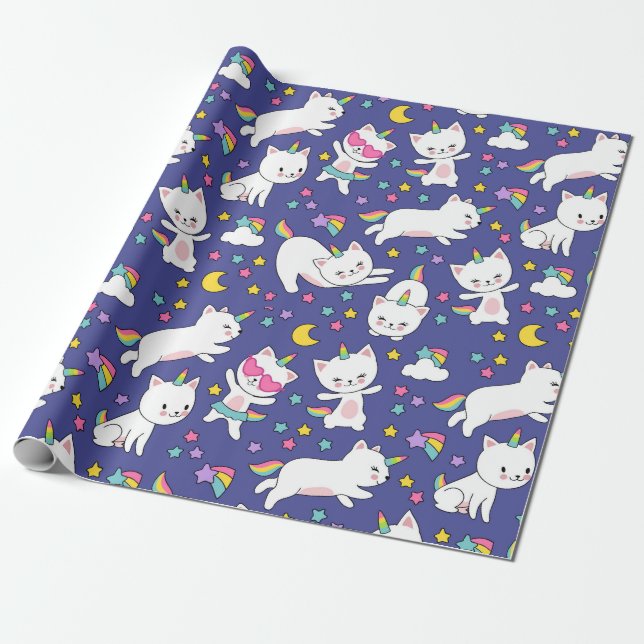 Papel De Presente Gatos Unicórnio Arco-Íris (Desenrolado)