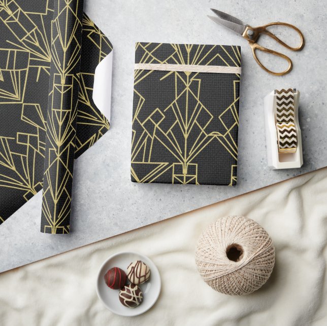 Papel De Presente Gatsby Preto e Dourado Art Déco (Artesanato)
