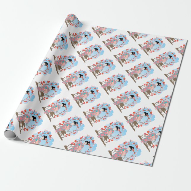 Papel De Presente Geisha perto de sakura (Desenrolado)