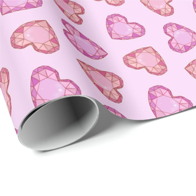 Papel De Presente Gemstone Hearts Cute Pink Valentines Day (Ponta do rolo)