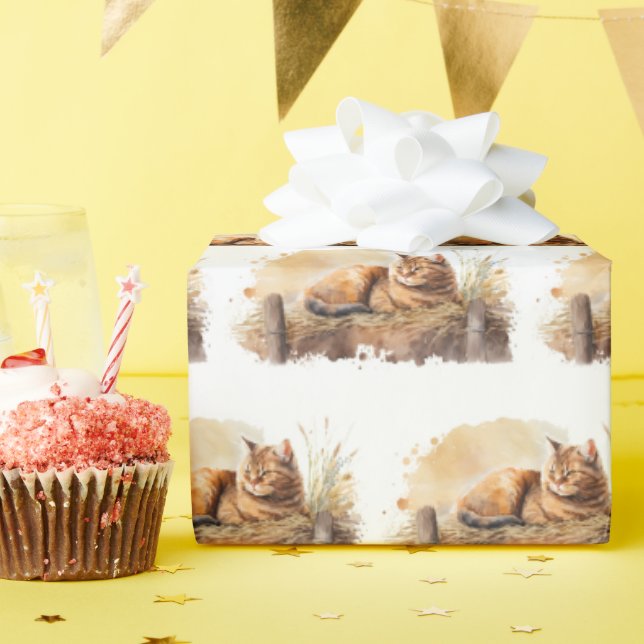 Papel De Presente Gengibre de Aquarela Ginger Cat On Hay (Festa de aniversário)