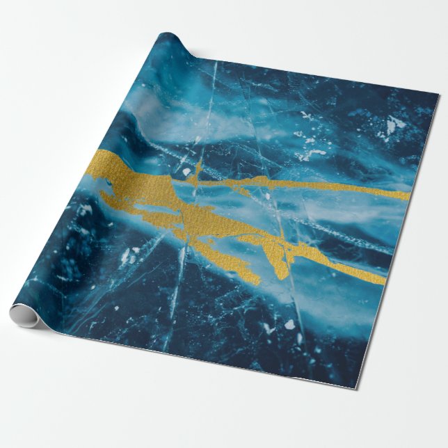 Papel De Presente Geode Agate Gemstone Blue e Dourado (Desenrolado)