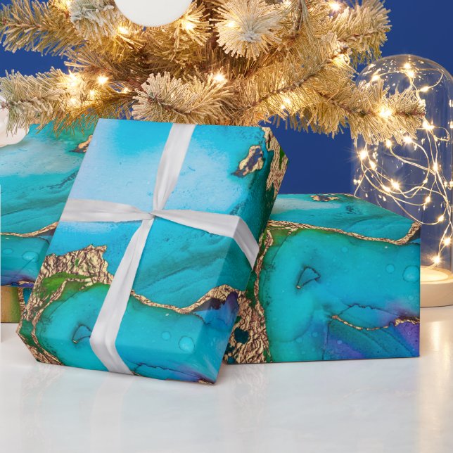 Papel De Presente Geode faux dourado azul roxo agate aquarela (Feriados)