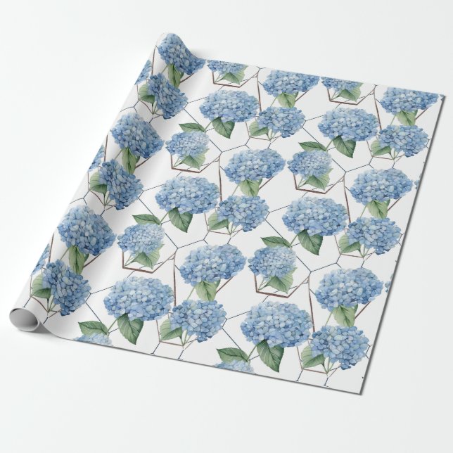 Papel De Presente Geometria Floral - Hídrangas Azul e Branca (Desenrolado)