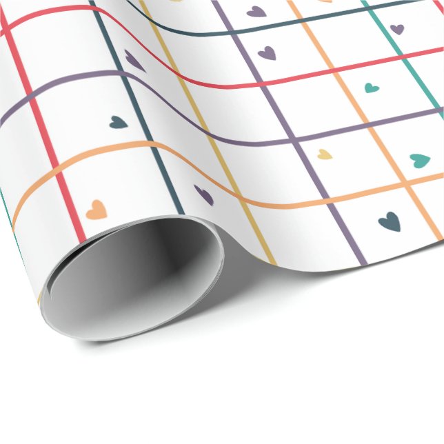 Papel De Presente Geometric Grid Pattern with Scattered Hearts (Ponta do rolo)